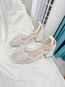 Romantic Breathable Mesh Rhinestone Bowknot Heels Suitable For Teens, Weddings, Birthdays, Parties, All Seasons - White - View 2