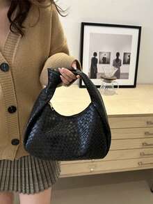 1 chiếc túi đeo vai hình lưỡi liềm dệt thắt nút màu trơn dành cho nữ, đa năng và thời trang - màu đen - Xem 3