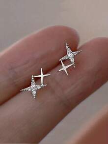 1 Pair Double Star Earrings - 18K Gold Plated Cubic Zirconia Studs, Elegant Proposal & Engagement Gift For Women, Luxury Everyday Jewelry - Vàng - Xem 5