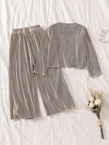 2 pezzi/Set Completo di top a costine e pantaloni a zampa per ragazze, Primavera/Autunno, Top a maniche lunghe + Pantaloni a zampa larga, adatto per attività casual all'aperto - Caffè Marrone - Visualizzare 8