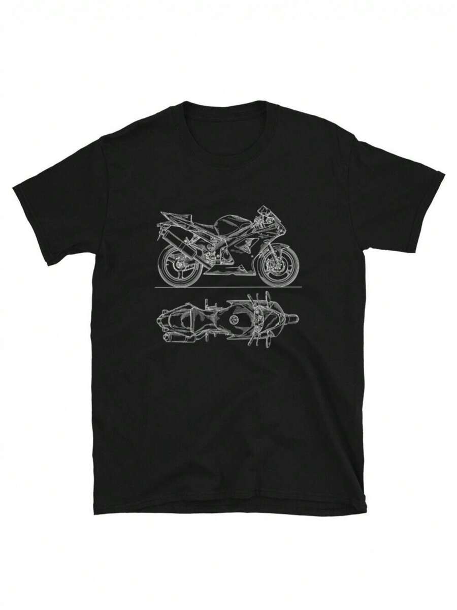 ZX6R Motorcycle Blueprint Men'S Tee - Sportbike Enthusiast Shirt For Men - 黑色 - 查看 1