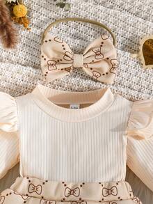 Baby Girls' Ribbed Ruffle Hem Bow Decor Bodysuit, Cute Infant Bodysuit With Socks And Headband Set - Apricot - View 3