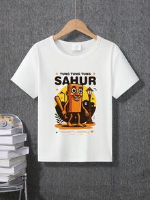 小男孩趣味口号“Tung Tung Tung Sahur”和卡通火柴人印花短袖T恤
