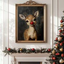 1pc Christmas Rudolph Painting Reindeer Print, Whimsical Deer Christmas, Red Nose Christmas Wall Art, Atmospheric Vintage Rudolph Poster, Rustic Artwork, Canvas Wall Art, Posters For Room, Home Decor, Room Decor Aesthetic, Room Decoration Stuff. Optional Frame Christmas Decorations - Multicolor - View 10
