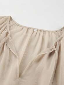 Women's Spring/Summer Long Dress Loose Fit Stylish Ruffled Trim Solid V Neck Long Sleeve Sheer Dress - 卡其色 - 查看 5