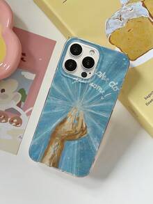 1pc Blue Radiating Light Oil Painting Hand Gesture Phone Case, Artistic English Handwritten Font Creative Illustration Full Coverage Protective Shell Compatible With IPhone17/17Pro/17ProMax/16/16Plus/16ProMax/16e/15ProMax/11/12/12Pro/12ProMax/13/13Pro/13ProMax/14/14Pro/14ProMax - Transparent Fireworks - View 2