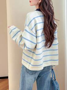 Alicedudu كنزة صوفية كلاسيكية للنساء بياقة مستديرة وخطوط، ناعمة ودافئة، للخريف/الشتاء