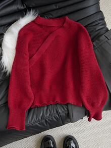 Sweater Leher Halter Merah Natal, Pullover Rajut Wanita untuk Musim Gugur/Dingin - Merah - View 3