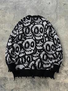 ANDREILEE 秋冬男士街头时尚骷髅印花纽扣开衫，休闲宽松长袖V领毛衣 - 黑色 - 查看 4