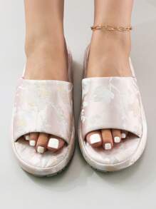 秋冬季优雅时尚坡跟中国风刺绣缎面露趾套脚拖鞋，女士毛绒拖鞋 - 粉色 - 查看 3