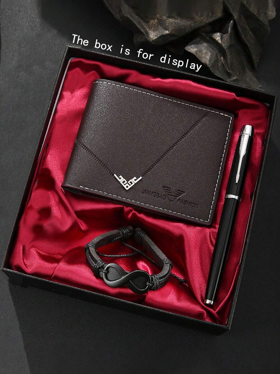 3pcs Classic Men's Business Wallet + Neutral Pen + Stylish Personalized Bracelet Gift Set, Suitable For Back To School, Halloween, Thanksgiving, Christmas Gifts Formal/Business Formal Valentine's Day Ideas