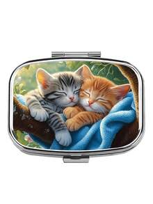 1pc Owl, Puppy, Fox, Cat Pattern Printed Square Pill Box, 2 Compartment Portable Pill Case For Pocket Or Wallet, Decorative Metal Medicine Vitamin Storage Box For Pocket, Wallet, Travel, Unique Gift - Multicolor - View 35