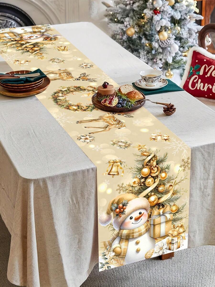 1件裝聖誕桌旗，金色雪人麋鹿聖誕樹圖案聚酯纖維桌布，廚房餐桌裝飾，適合節日家庭聚會與居家裝飾，聖誕裝飾