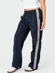 Striped Track Sweatpants For Women Y2K Elastic Waist Wide Leg Vintage Cute Parachute Pants - 藏蓝色 - 查看 3