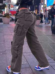 Women's High Waisted Boyfriend Style Distressed Y2K Denim Jeans,Women's Solid Color Simple Casual Denim Pants Y2k,Solid Color Multi-Pocket Button Commuting Simple Y2K Casual Cute Work Pants Long Pants - Xám - Xem 2