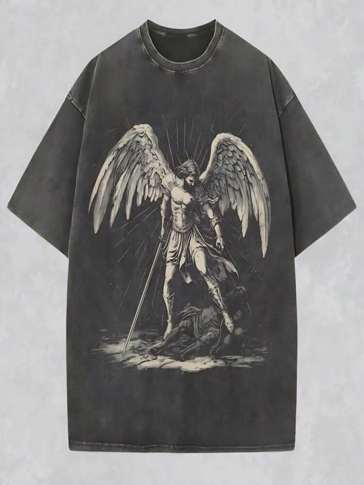 Washed Cotton T-Shirt With Angel Warrior Print - Bold Gothic Style For Men, Perfect For Streetwear And Casual Outfits,  Graphic Tee For Everyday Wear - 黑色 - 查看 2