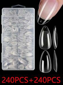 120/240片短杏仁指甲片软凝胶透明凝胶指甲片半哑光全覆盖指甲片亚克力预锉按压假指甲片用于指甲延长家庭DIY美甲按压指甲美甲用品 - 無色 - 查看 13