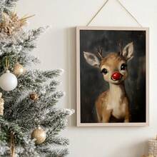 1pc Christmas Rudolph Painting Reindeer Print, Whimsical Deer Christmas, Red Nose Christmas Wall Art, Atmospheric Vintage Rudolph Poster, Rustic Artwork, Canvas Wall Art, Posters For Room, Home Decor, Room Decor Aesthetic, Room Decoration Stuff. Optional Frame Christmas Decorations - Multicolor - View 7