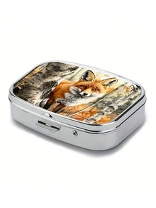 1pc Owl, Puppy, Fox, Cat Pattern Printed Square Pill Box, 2 Compartment Portable Pill Case For Pocket Or Wallet, Decorative Metal Medicine Vitamin Storage Box For Pocket, Wallet, Travel, Unique Gift - Multicolor - View 4