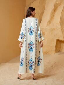 女士印花圆领钻石和珍珠装饰长袖 Jalabiya 连衣裙，优雅而端庄 - ZD040 - 查看 4