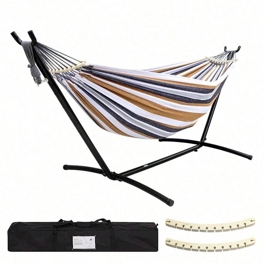 Double Hammock With Stand Included 450lb Capacity Steel Stand, Premium Carry Bag Included And Two Anti Roll Balance Beam - 咖啡棕 - 查看 1