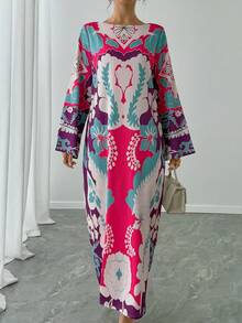 1 件女式圆领喇叭袖长袖超长连衣裙，全身印花休闲连衣裙，优雅阿拉伯风格连衣裙，奢华晚会节日长袍 - 紫色 - 查看 3