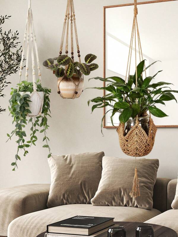 1Pc Handmade Macrame Plant Hanger, Indoor Hanging Planter Basket Holder With Wood Beads, Multifunctional Plant Holder With Hook, Tassel Plant Pot Holder Stand, Ceiling Plant Hanger, Flower Pot Net Hanging Planter With Tassel, Indoor Hanging Basket For House Plants, Woven Boho Home Decor, Indoor Outdoor Decor, Living Room Decor, Room Decoration Stuff, Office Decor, Home Decor Living Room (Not Include Pot))