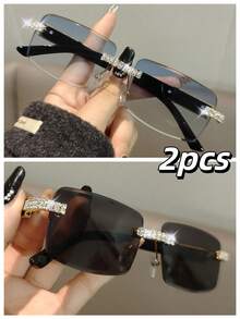 Leopards play ball 1 Pair Rhinestone Decorated Frameless Rectangular Fashion Fashion Glasses, Unisex, Suitable For Driving, Beach Travel, Summer Beach Vacation, Outdoor Activities, Etc. - Rhinestone Decorated Frameless/diamond Cut 3D Lenses - View 25