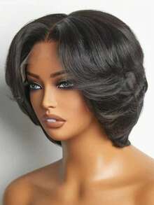 4"X4" Lace Front Short Wig, Pixie Cut Human Hair Wig, Glueless Short Wig For Women, Suitable For Daily Wear, Party, Black Color With Middle Part Bangs - Black - View 4