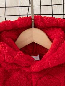 Girls' Casual Solid Color Long Sleeve Hooded Plush Warm Reversible Knee-Length Dress, Autumn/Winter - Red - View 3