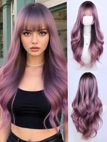 Blue Pink Bangs Wavy Long Wig 26 Inches For Party Styling Versatile Fashion Look