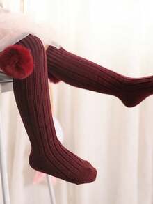 1 Pair Thick Warm Fuzzy Ball Mid-Calf Socks, Autumn/Winter