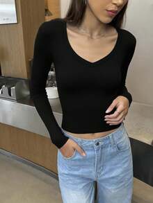 Damen Slim Fit V-Ausschnitt Sexy Langarm Y2K Unterhemd