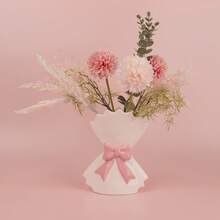 White Ceramic Vase Set With Pink Bow Decor - Home Decor Room Vase Glass Vase - Pink - View 9