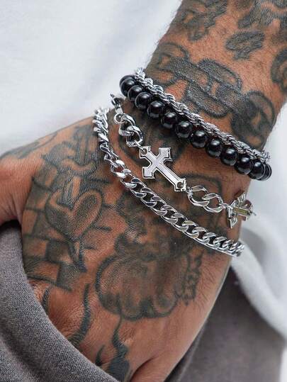 HOTNICE 4 pièces/set Bracelet perlé style punk croix, convient pour les hommes, pour les rendez-vous, les vacances, la tenue quotidienne, unisexe