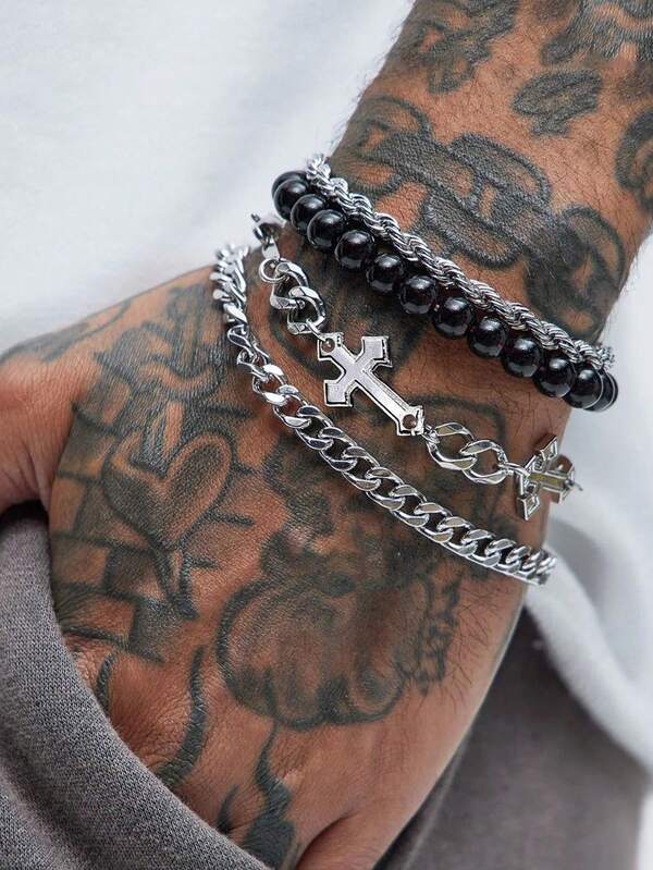 HOTNICE 4pcs Set Punk Chic Cross Beaded Bracelet For Men, Accessory For Dating, Vacation, Daily Outfit, Unisex