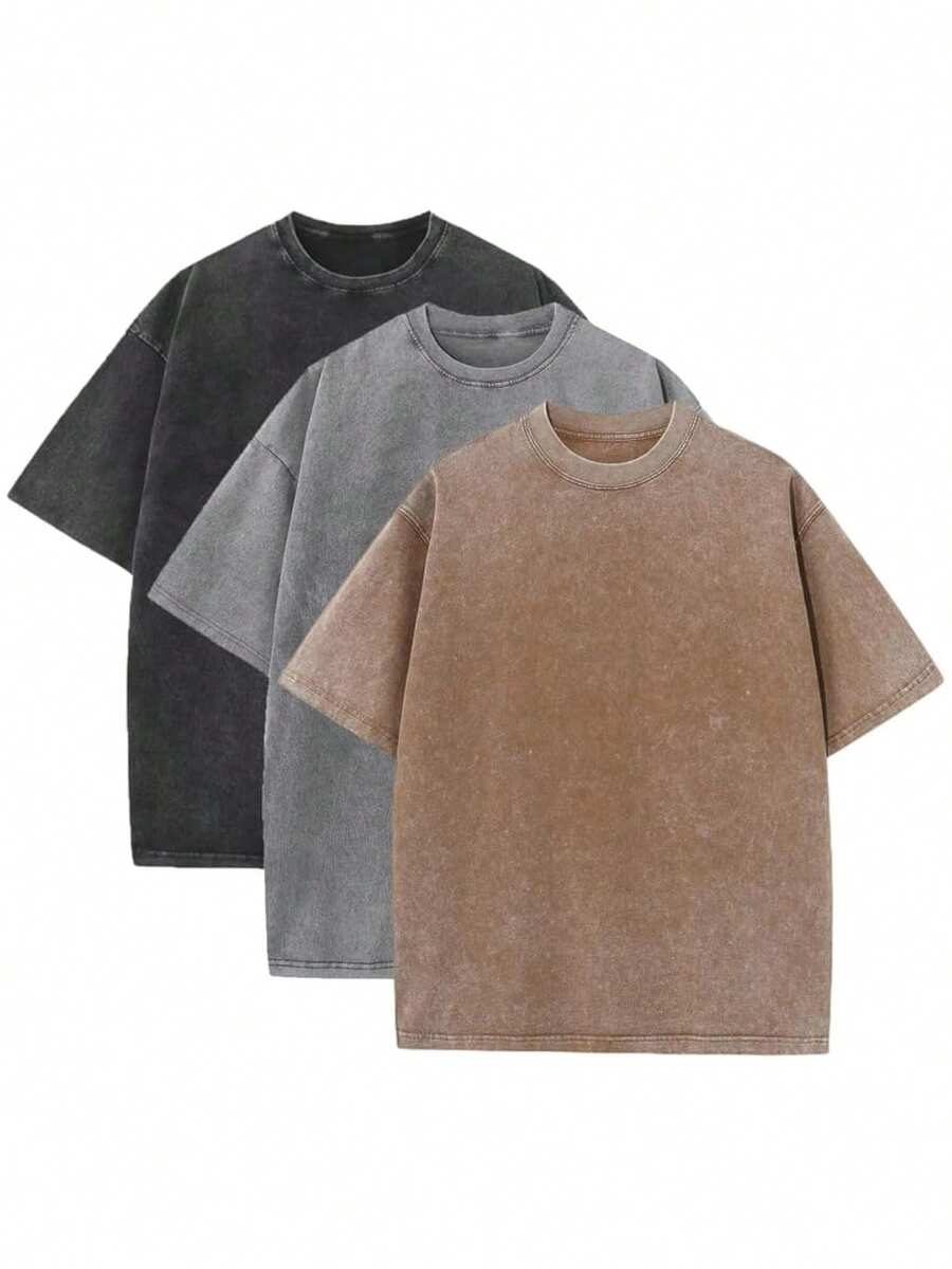 3 Pack Men's Vintage Washed Oversized Cotton T Shirts Loose Fit Short Sleeve Casual Streetwear Unisex Tops - 黑色+灰色+咖啡 - 查看 1