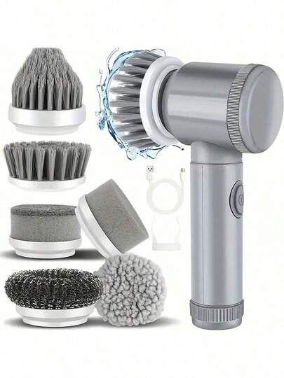 1 Set Grey Electric Rotating Brush, Bathroom Cleaning Brush Electric Brush With 6 Replaceable Brush Heads, Low Power Slow Rotation Cleaning Brush Suitable For Kitchen, Toilet, Windows Cleaning, Suitable For Graduation Gift, Bachelor Party Gift, Bridesmaid Gift, Father's Day Gift, Halloween Decoration, Halloween Gift, Bridesmaid Proposal Gift, Wedding Guest Favor, Birthday Party Decoration And Wedding Items, Wedding, Birthday Party, Anniversary, Holiday Event, Graduation Ceremony