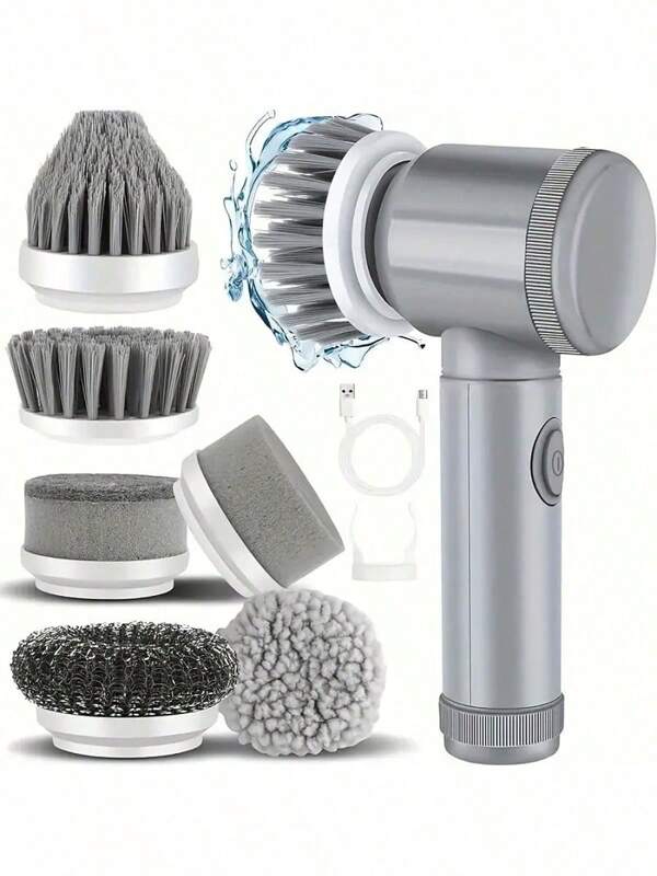1 Set Grey Electric Rotating Brush, Bathroom Cleaning Brush Electric Brush With 6 Replaceable Brush Heads, Low Power Slow Rotation Cleaning Brush Suitable For Kitchen, Toilet, Windows Cleaning, Suitable For Graduation Gift, Bachelor Party Gift, Bridesmaid Gift, Father's Day Gift, Halloween Decoration, Halloween Gift, Bridesmaid Proposal Gift, Wedding Guest Favor, Birthday Party Decoration And Wedding Items, Wedding, Birthday Party, Anniversary, Holiday Event, Graduation Ceremony