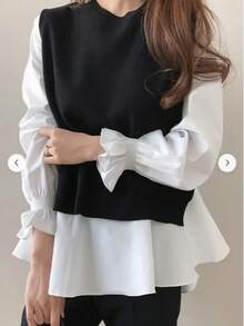 Women's Tops, Korean/Japanese Style, Plus Size, Fall/Winter Hot Item, Two-Piece Set With Knit Vest And Long Sleeve Shirt - Layered Outfit For Every Season - 黑色 - 查看 3