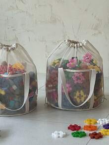 1个大容量物品抽绳收纳袋积木收纳桶网状玩具整理桶帆布书籍整理桶便携式游泳洗漱袋多功能物品收纳袋带提手轻便拼图收纳袋毛绒玩具收纳抽绳袋大号日常洗衣篮儿童物品收纳桶 - 米色 - 查看 5