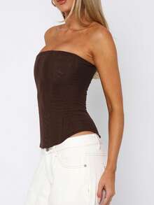 Women Y2k Strapless Bustier Corset Tie Back Mesh Boned Bodyshaper Tube Top Going Out Bustier Tops - Cà phê nâu - Xem 4