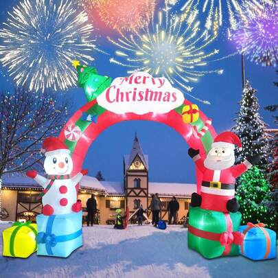 12.5FT Christmas Inflatables Archway, Inflatable Santa Claus And Snowman Sitting On Gift Boxes, Christmas Arch Blow Up Yard Decorations