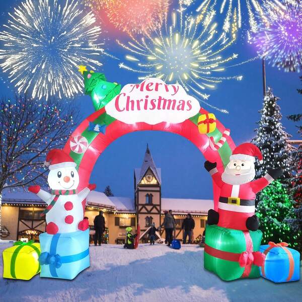 12.5FT Christmas Inflatables Archway, Inflatable Santa Claus And Snowman Sitting On Gift Boxes, Christmas Arch Blow Up Yard Decorations