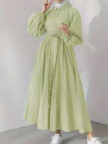 女士格子清爽长袖阿拉伯连衣裙 春季 - 綠色 - 查看 1