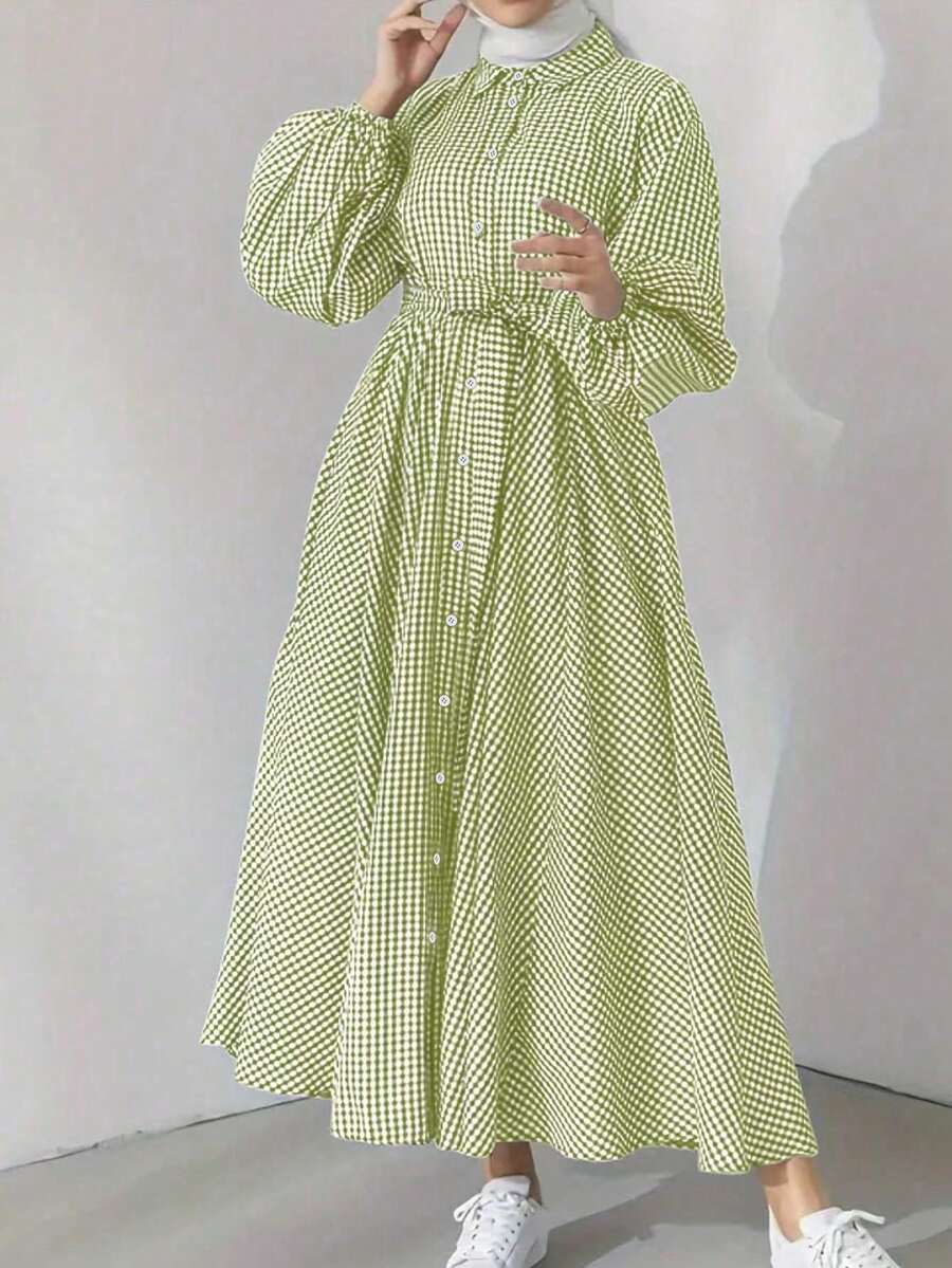 女士格子清爽长袖阿拉伯连衣裙 春季 - 綠色 - 查看 1