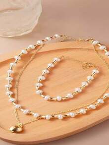Pearl Necklace And Bracelet Set With Pendants - 白色 - 查看 8