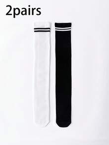 2pairs Kids Striped Pattern Casual Over The Knee Socks For Daily Life