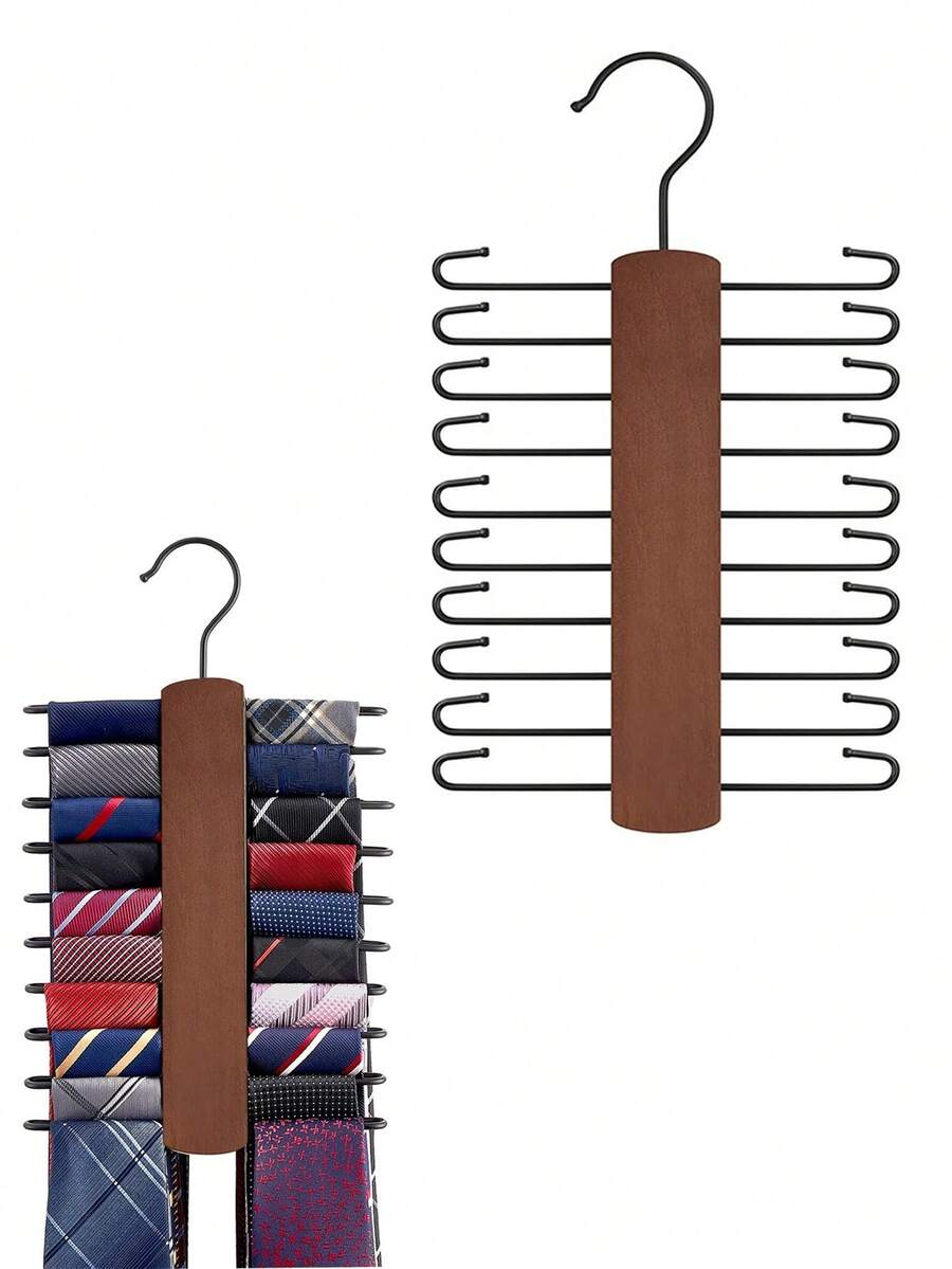 1pc Tie Rack With 20 Hooks, Wooden Tie & Belt Organizer Rack, Non-Slip Tie Holder, Tie Rack, Scarf Organizer, Belt Organizer, Closet Storage, Accessory Storage, Home Decor - Bronze - View 1