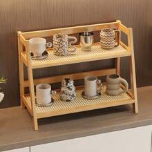 1pc Vintage Freestanding Tabletop Storage Rack, Dual-Tier Shelf, New Chinese Style Multi-Purpose Storage Rack, Kitchen Organizer, Living Room Storage And Organization, High-End Dish Rack, Tea Cup Coffee Mug Organizer, Spice Rack, Display Shelf, Woven Rattan Panel, Quick Draining, Breathable And Moisture-Proof, Suitable For Kitchen, Bathroom, Office, Bedroom, Balcony Decor